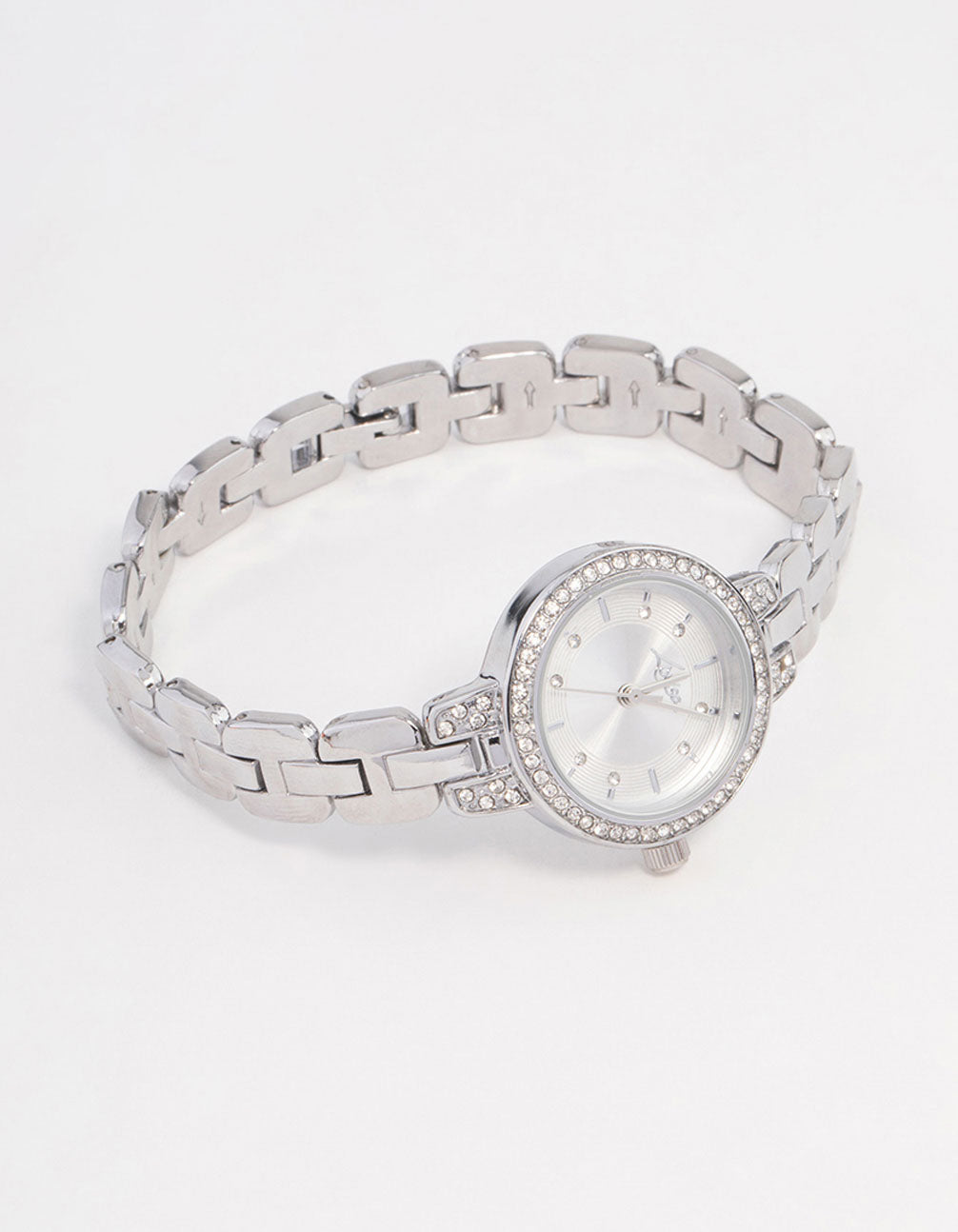 Elegant small silver diamante round strap watch with white stone look dial, round shaped face, casual women's analog timepiece featuring link band front view