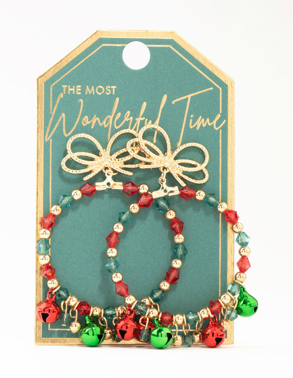 Green & Red Festive Bell Hoop Drop Earrings