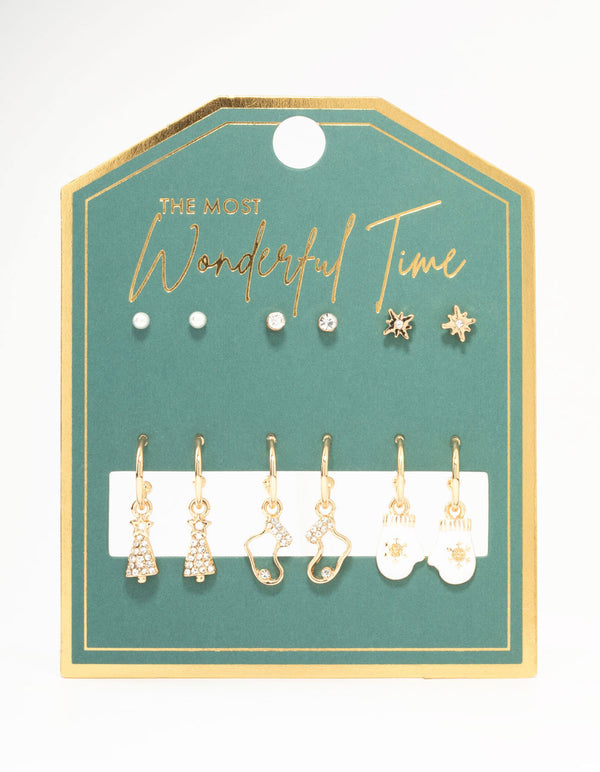 Gold Winter Mitten & Christmas Tree Earrings 6-Pack