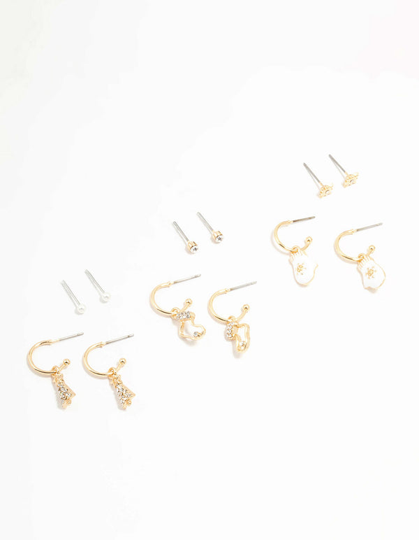 Gold Winter Mitten & Christmas Tree Earrings 6-Pack