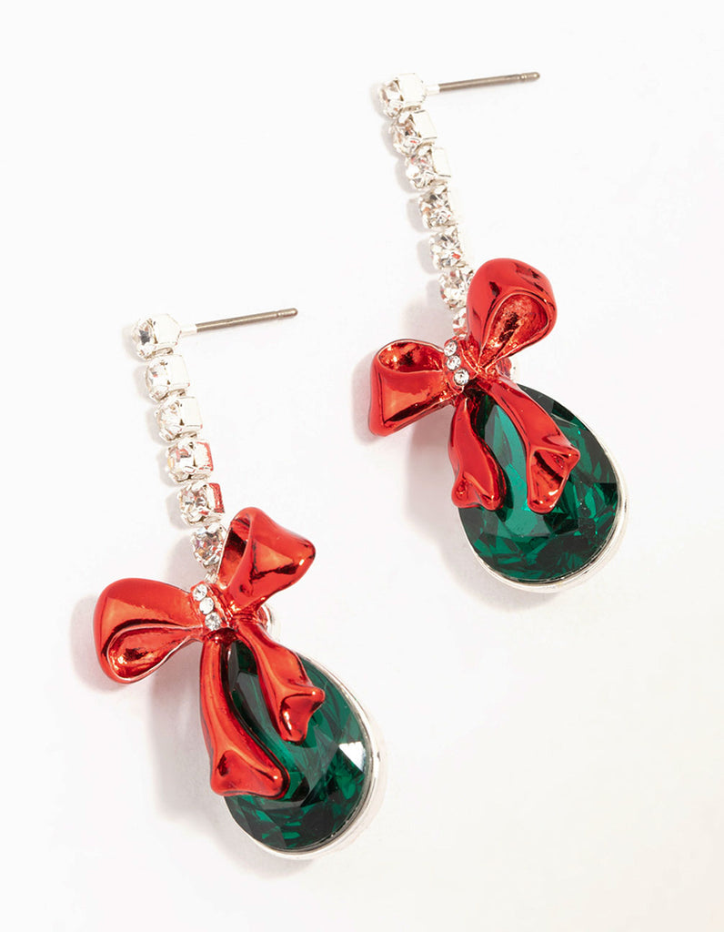 Green Diamante & Red Bow Silver Drop Earrings