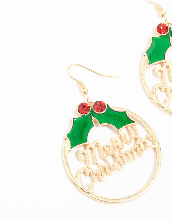 Gold Merry Christmas Wreath Hoop Drop Earrings