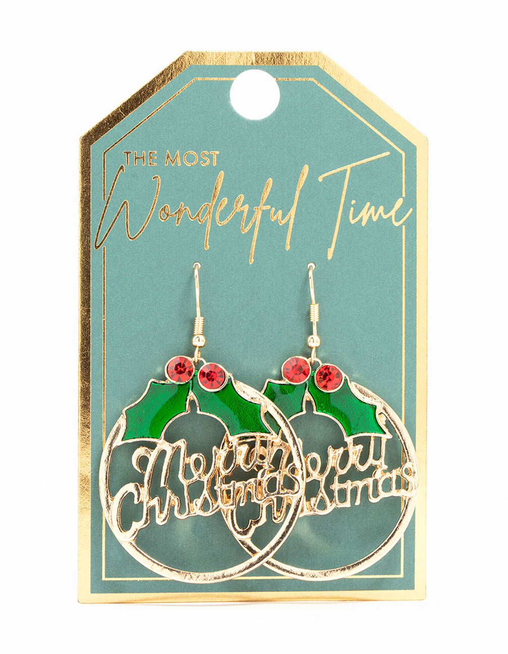 Gold Merry Christmas Wreath Hoop Drop Earrings