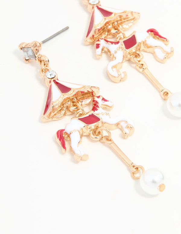 Gold Carousel Horse Drop Earrings