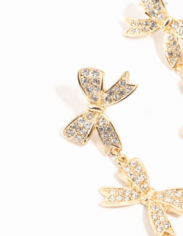 Gold Diamante Bows Drop Earrings