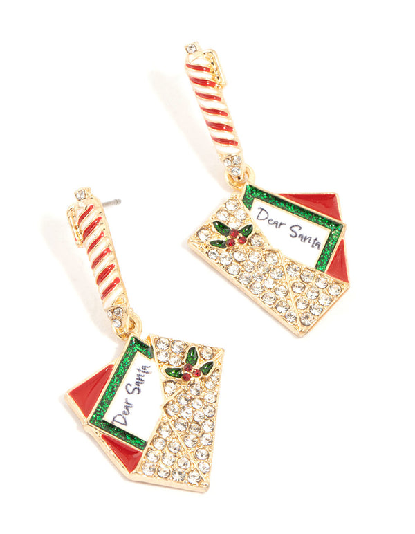 Gold Diamante Santa Letter Drop Earrings