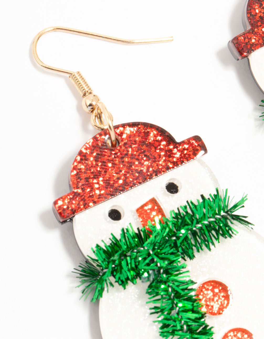 Snowman With Green Tinsel Scarf Acrylic Drop Earrings