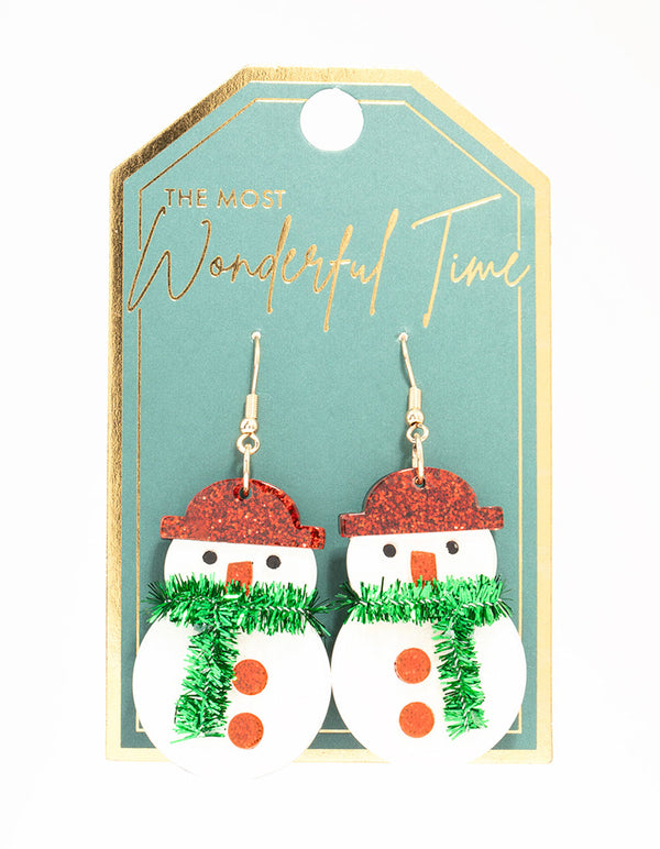 Snowman With Green Tinsel Scarf Acrylic Drop Earrings