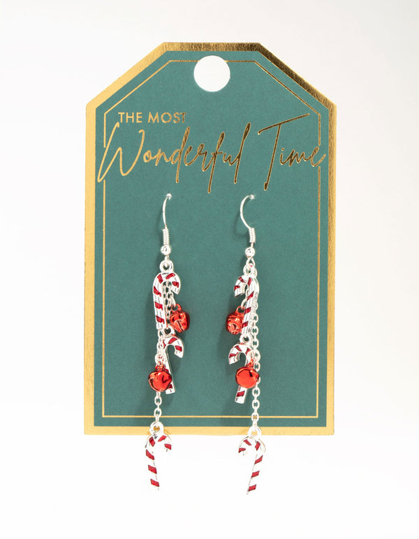Silver Candy Canes & Bells Drop Earrings