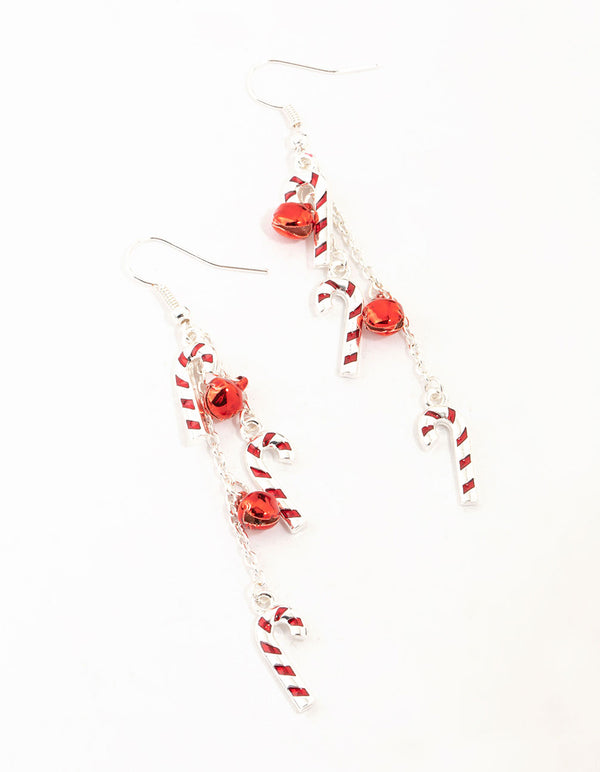 Silver Candy Canes & Bells Drop Earrings