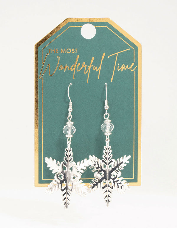 3D Snowflake Silver Drop Earrings