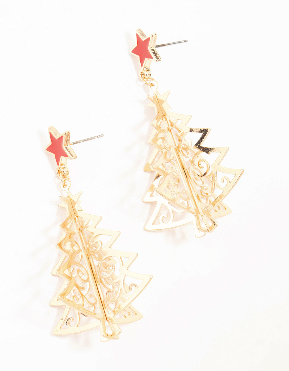 Gold Tree With Red Star Drop Earrings
