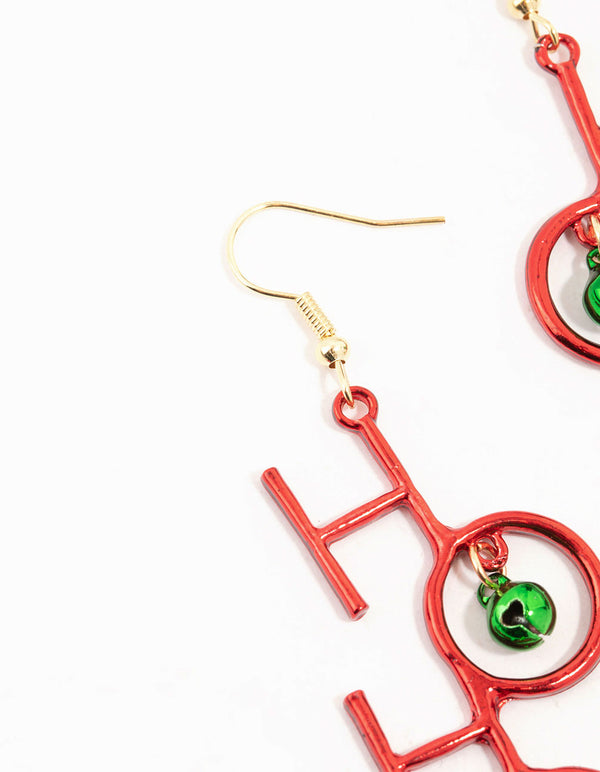 Red Coated Metal Ho Ho Ho Bell Drop Earrings