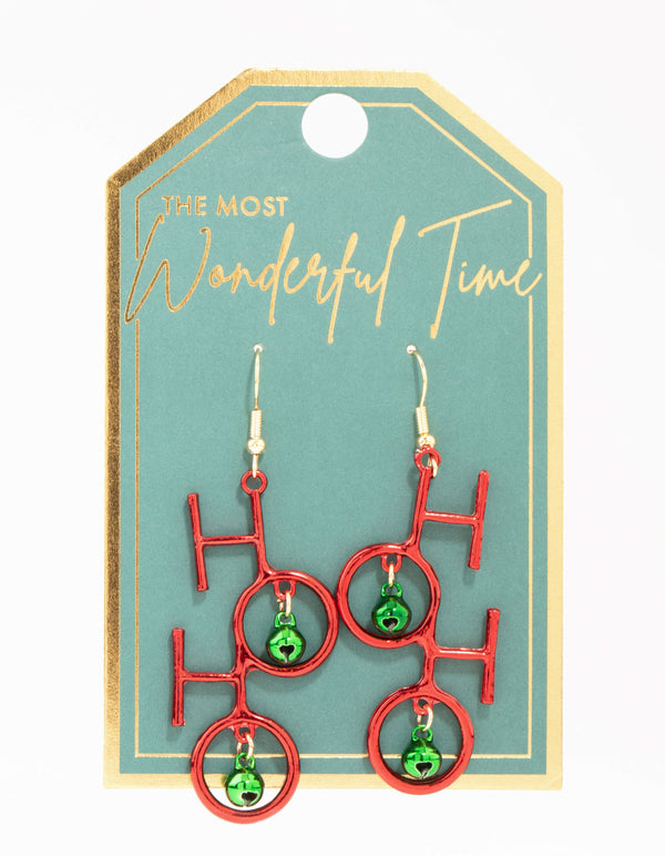 Red Coated Metal Ho Ho Ho Bell Drop Earrings