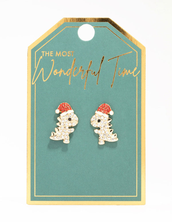 Gold Diamante Dinosaurs Mini Stud Earrings