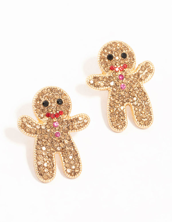 Gold Diamante Gingerbread Man Stud Earrings