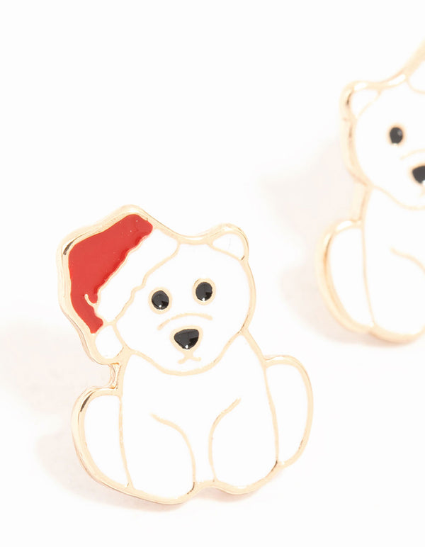 White Polar Bear Gold Stud Earrings