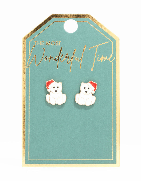 White Polar Bear Gold Stud Earrings