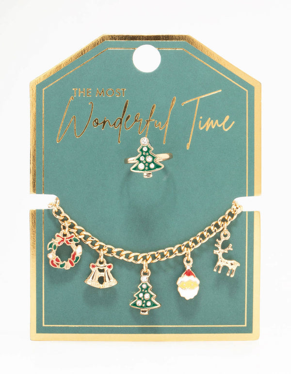 Tree Motif Gold Ring & Charm Bracelet Set