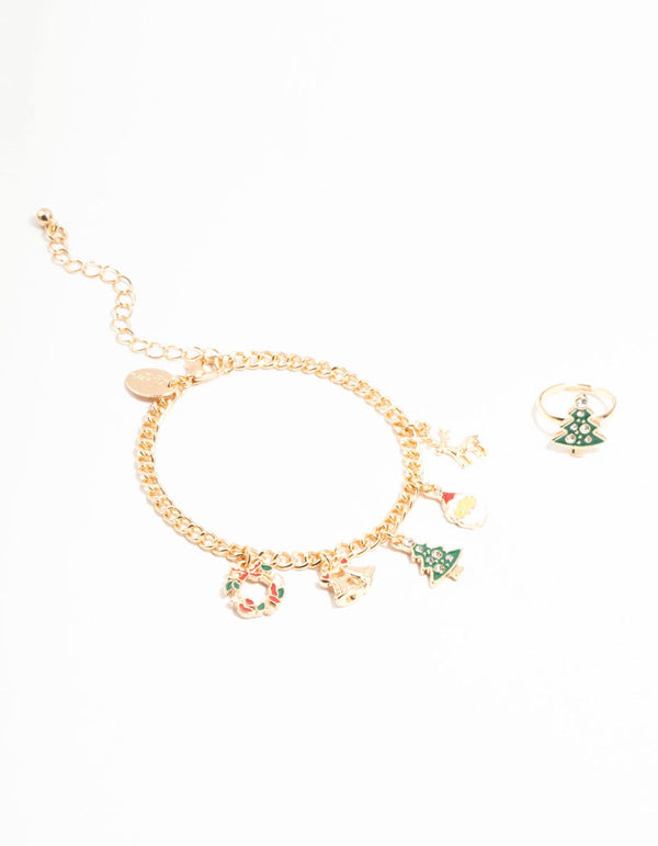 Tree Motif Gold Ring & Charm Bracelet Set