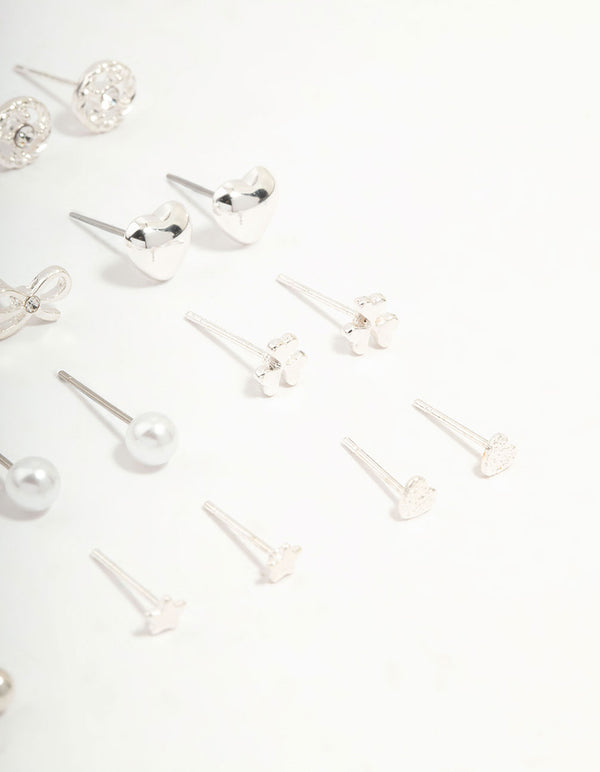 Silver Butterfly & Mixed Style Stud Earrings 12-Pack