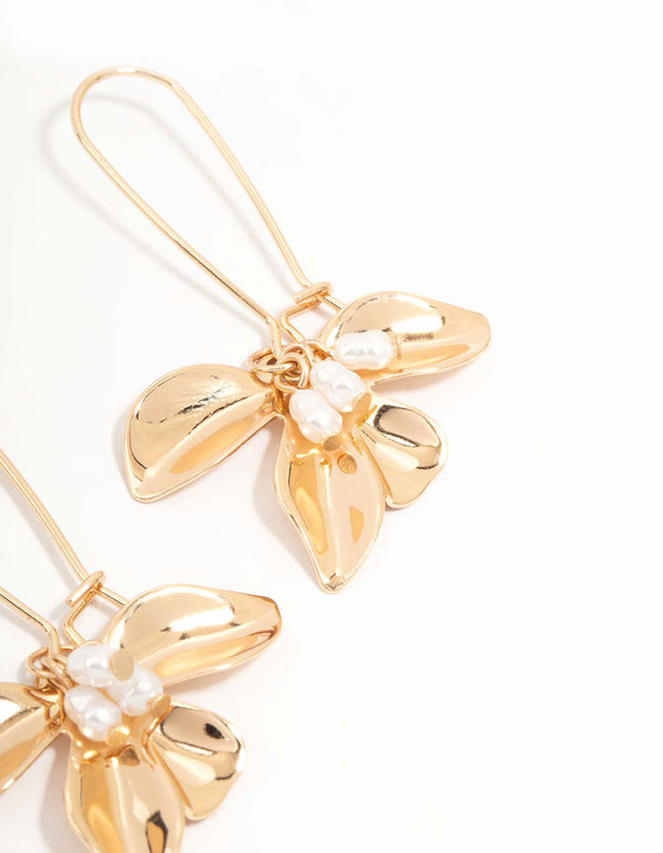 Gold Petal Pearl Large Fish Hook Earrings