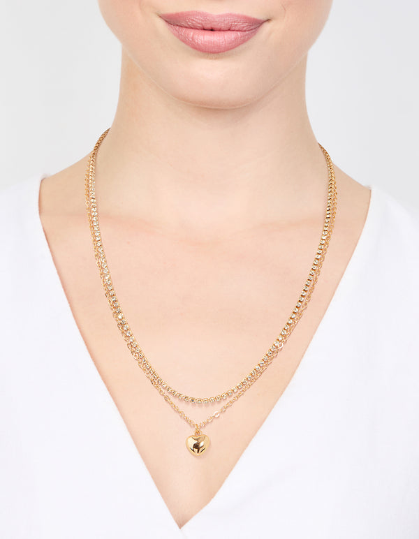 Gold Diamante & Puffy Heart Layered Necklace