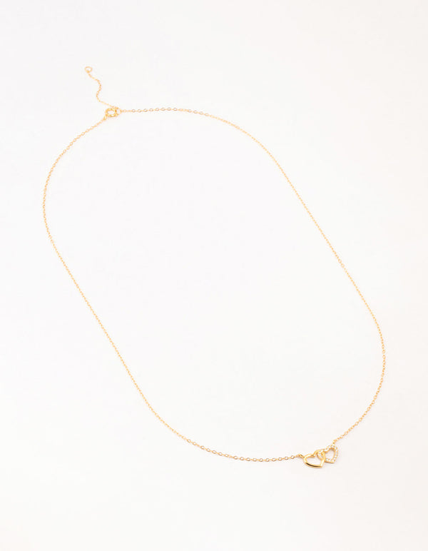 Gold Plated Sterling Silver Double Heart Cubic Zirconia Necklace