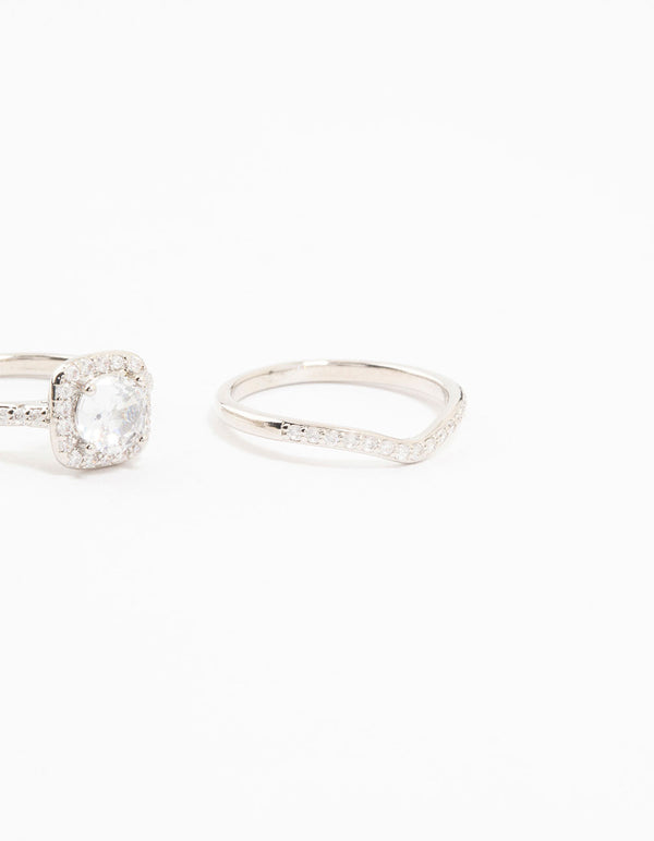 Elegant silver pointed and halo ring pack designed with cubic zirconia stones in halo cut side detail view