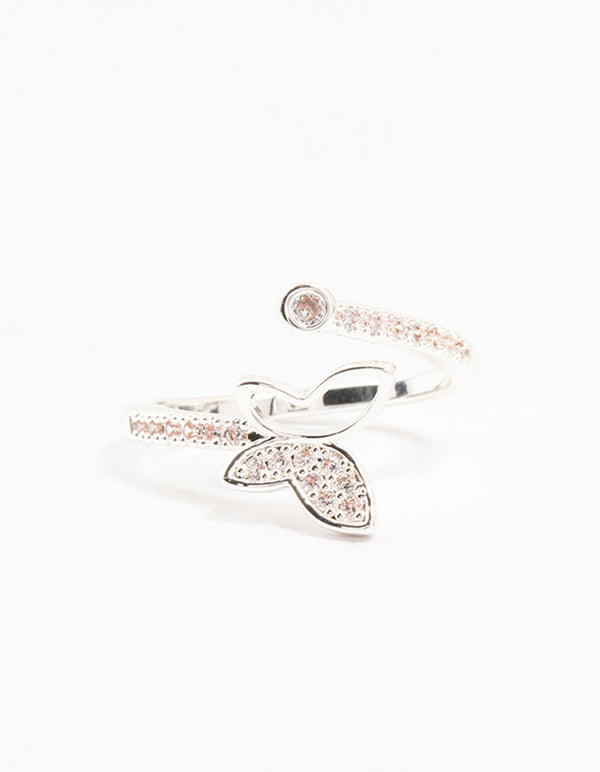 Beautifully designed butterfly wrapped ring in silver plated metal adorned with cubic zirconia stones close up view