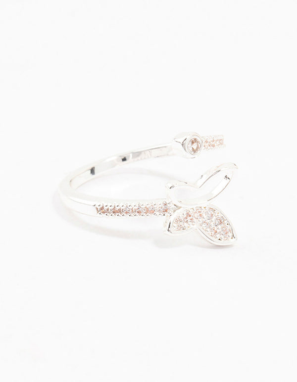 Showcasing a butterfly motif wrapped ring in silver plated metal featuring cubic zirconia embellishments front view