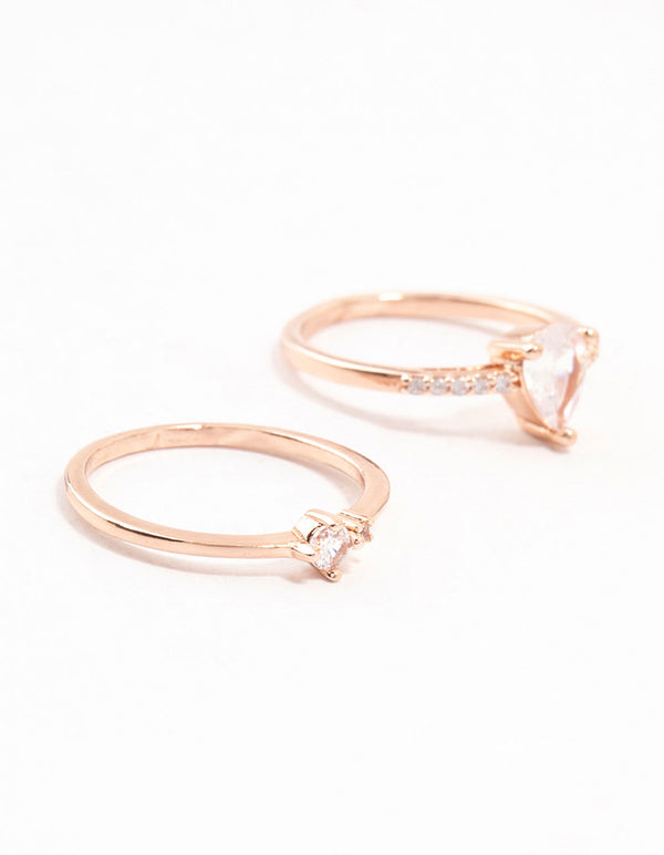 Crafted with rose gold plated elegant pear stacking rings in a 3-pack close up view