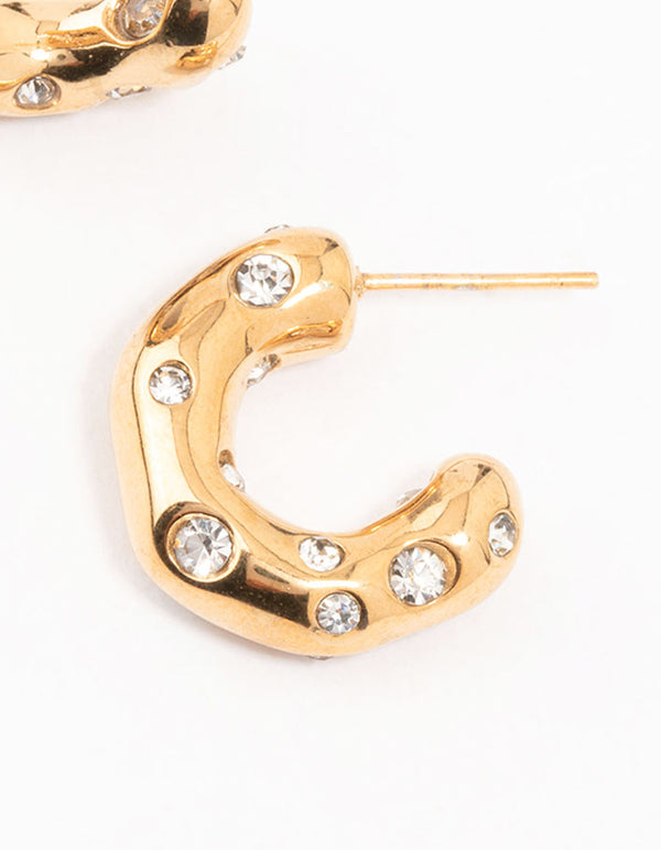 Waterproof Gold Plated Stainless Steel Crystal Molten Hoop Earrings