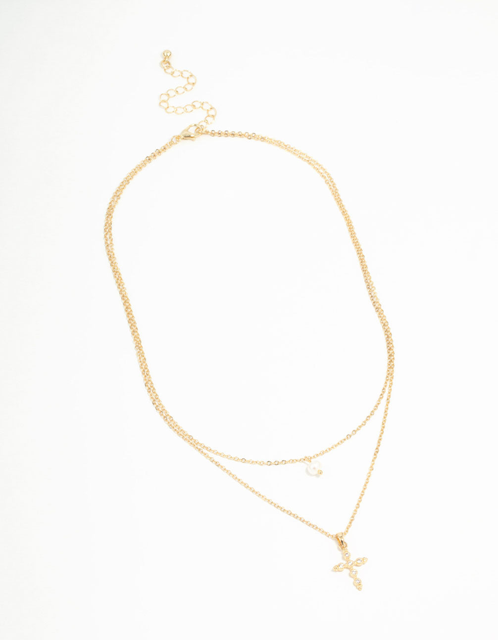 Gold Plated Pearl Diamante Cross Necklaces 2-Pack
