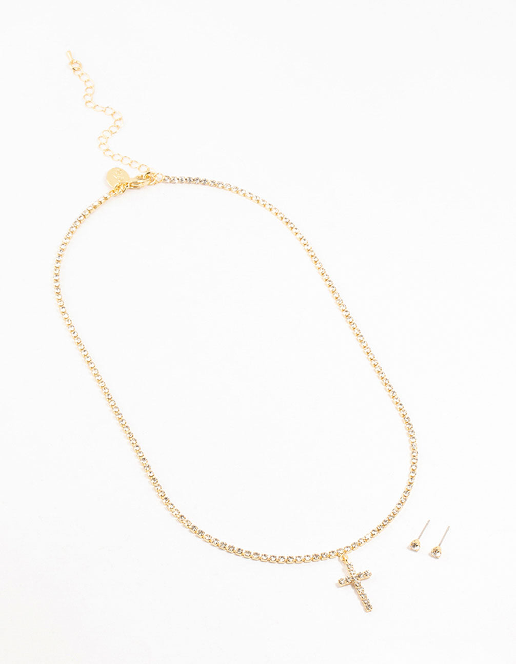 Gold Plated Tennis Cross Necklace & Stud Earrings Set