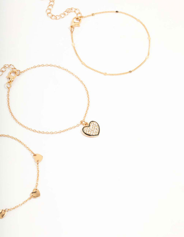 Gold Heart Diamante Bracelets 3-Pack
