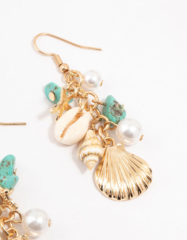 Gold Genuine Shell, Pearl & Blue Stone Drop Earrings