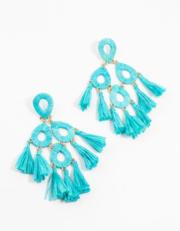 Blue Raffia Tassel Drop Earrings