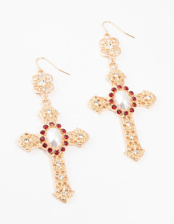 Gold & Red Pearl Large Cross Drop Earrings