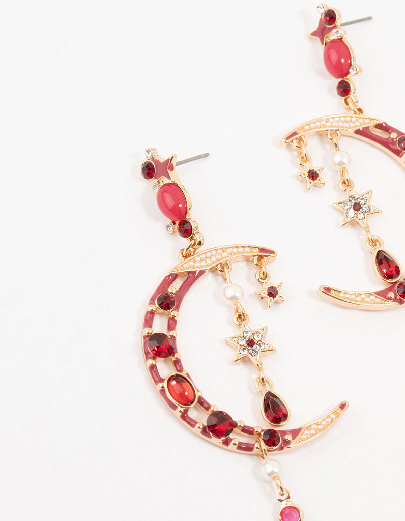 Gold Celestial Red Stone Drop Earrings Lovisa