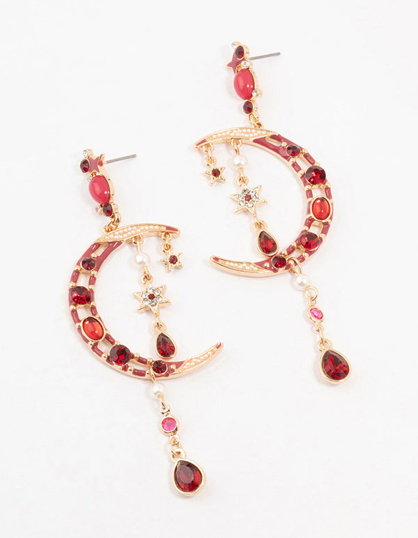 Gold Celestial Red Stone Drop Earrings