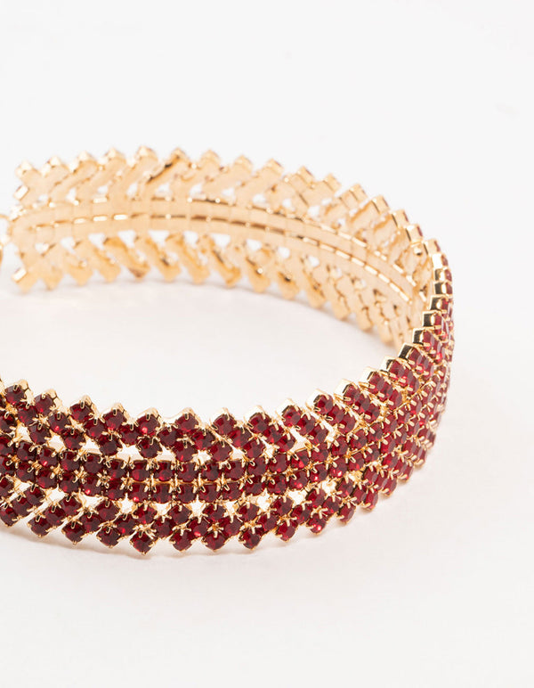 Gold & Red Spikey 4 Row Diamante Wrist Cuff