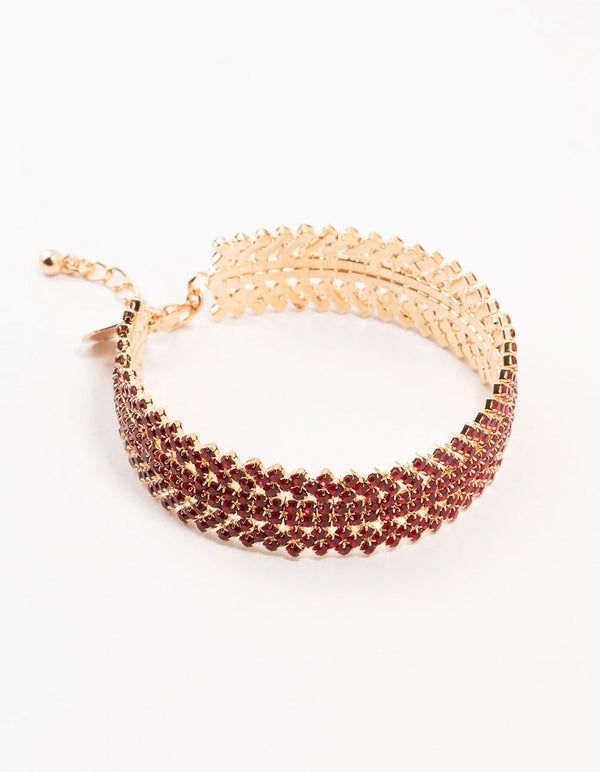 Gold & Red Spikey 4 Row Diamante Wrist Cuff