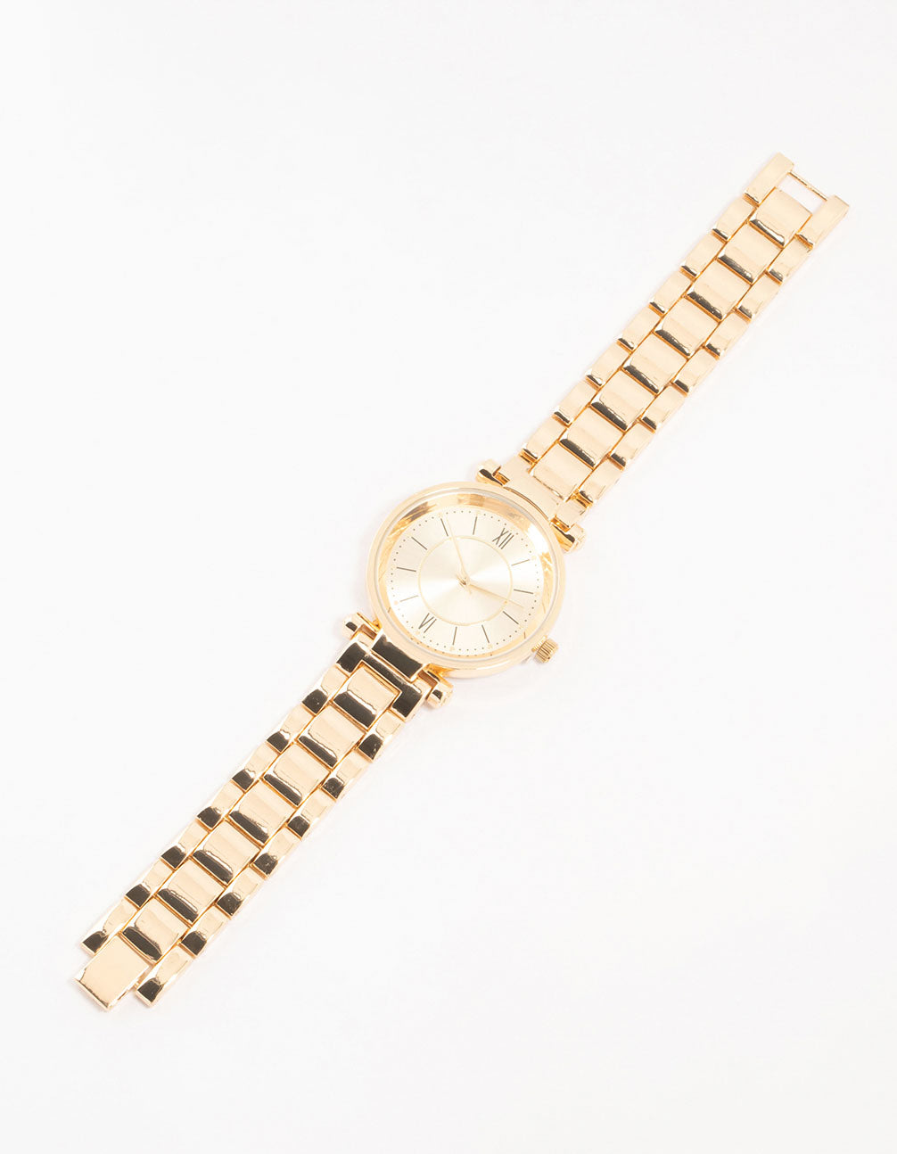 Showcasing a gold round roman numeral watch featuring white dial, formal styling, women's analog timepiece with link band front view