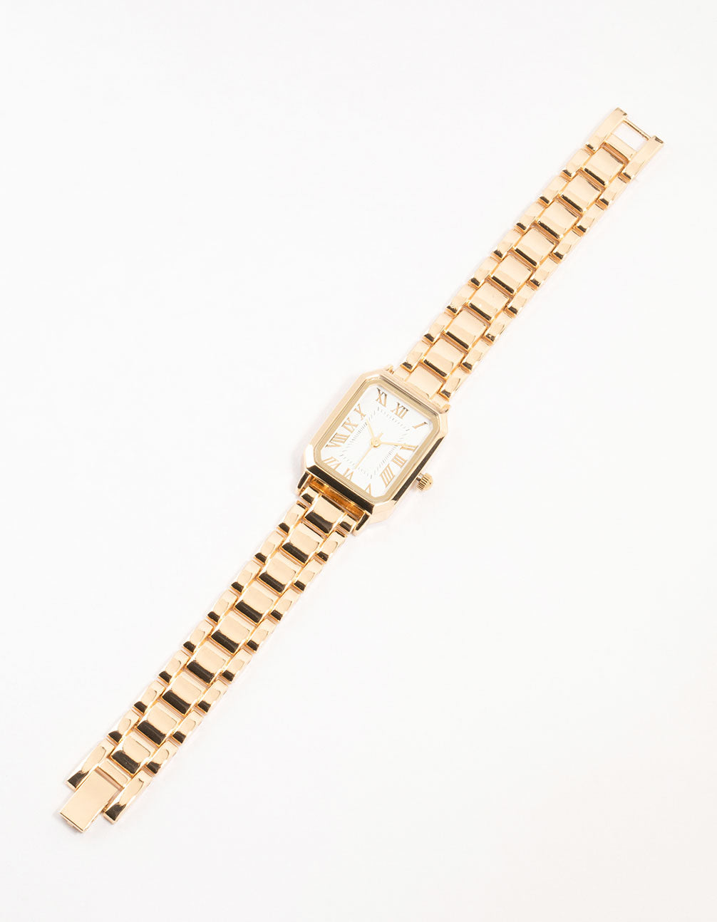 Designed for women, this gold analog watch with white dial, roman numerals, rectangle shape with link band strap is perfect for formal occasions front view