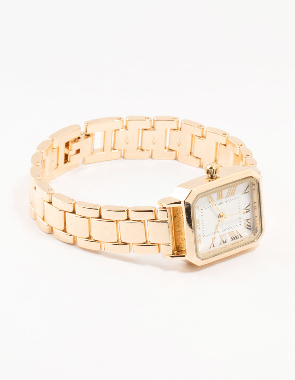 Designed for women, this gold analog watch with white dial, roman numerals, rectangle shape with link band strap is perfect for formal occasions front view