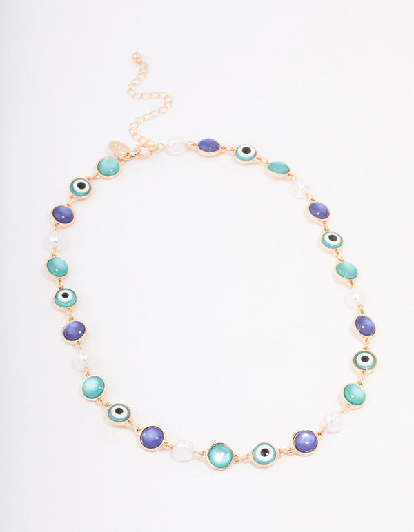 Blue Stone & Evil Eye Motif Gold Necklace