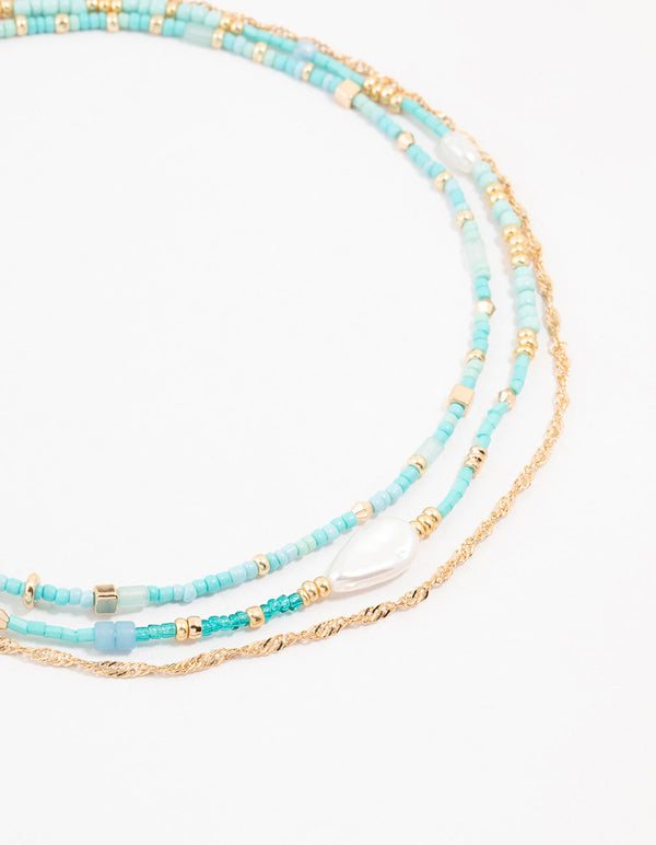 Blue Beaded, Gold & Pearl Layered Choker
