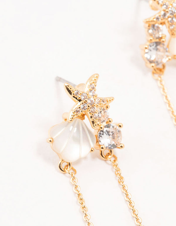 Gold Plated Sea Star Shell Cubic Zirconia Drop Earrings