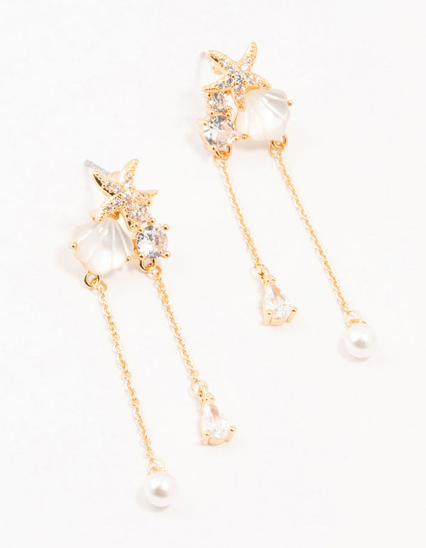 Gold Plated Sea Star Shell Cubic Zirconia Drop Earrings